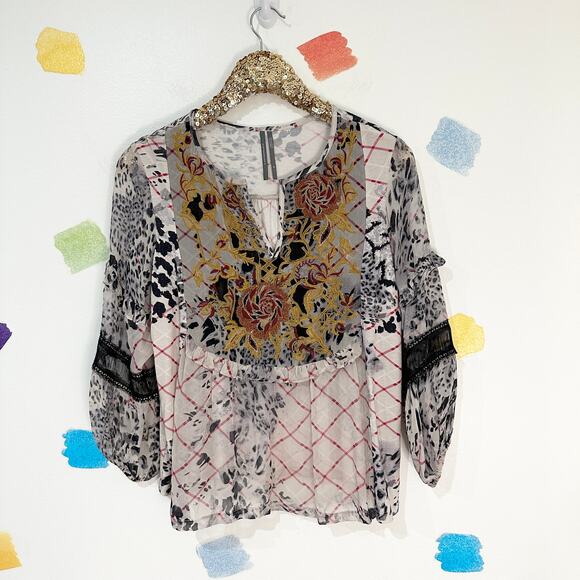 M by Anthropologie Black Print Embroidered Mathilda Top - Picture 2 of 5